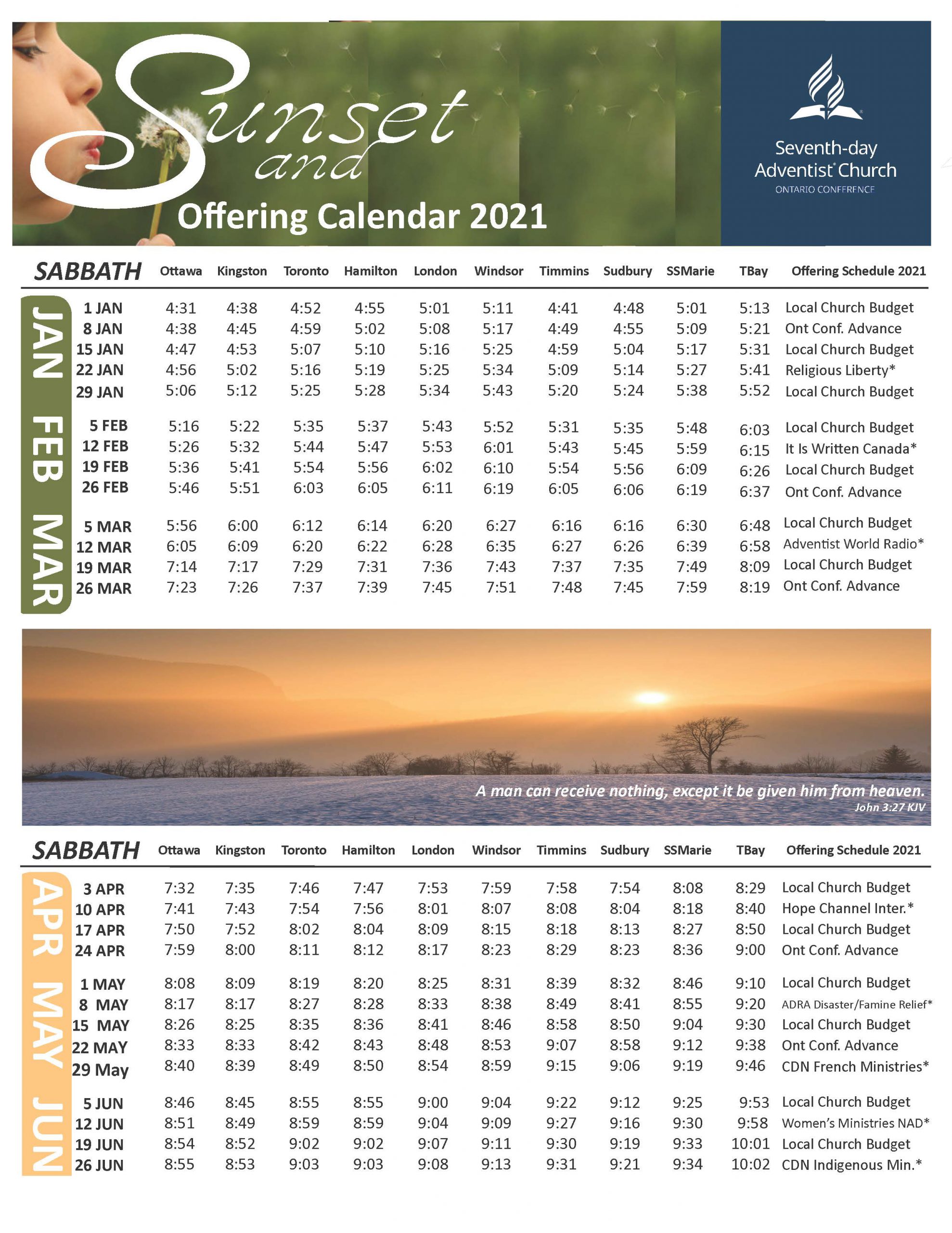 Sunset & Offering Calendar 2021 - Adventist Ontario Conference Website