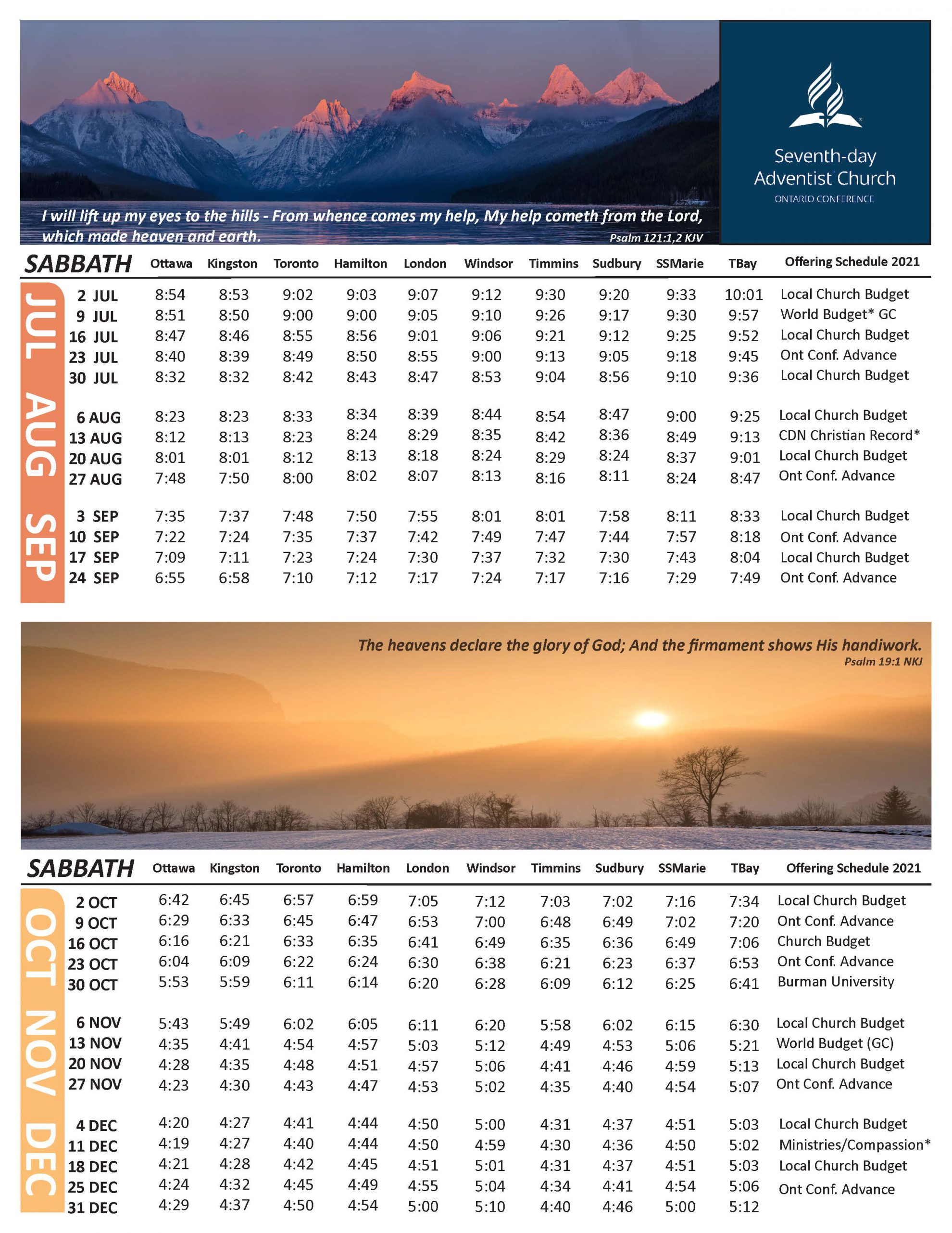 Sunset Offering Calendar 2021 Adventist Ontario Conference Website