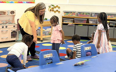 Teacher leading young students